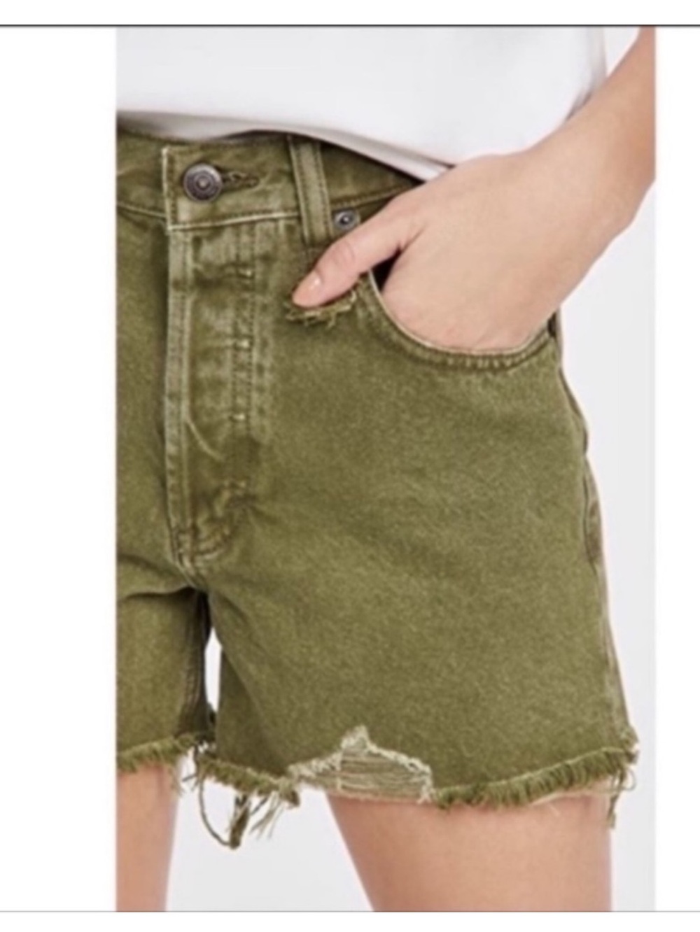 Free People Olive Green Denim Frayed-Hem Shorts NWT SZ 26